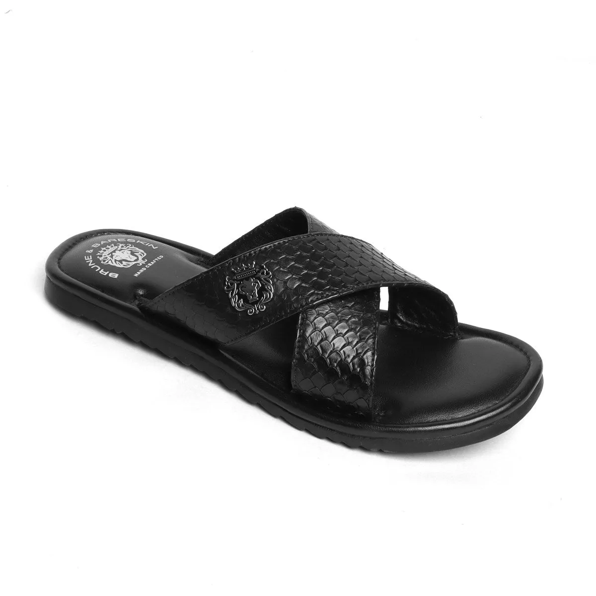 Black Snake Print Leather Cross Straps Comfy Slide-in Slippers By Brune & Bareskin