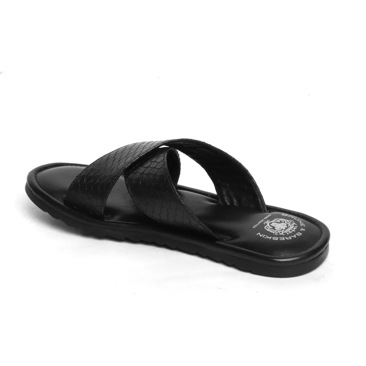 Black Snake Print Leather Cross Straps Comfy Slide-in Slippers By Brune & Bareskin