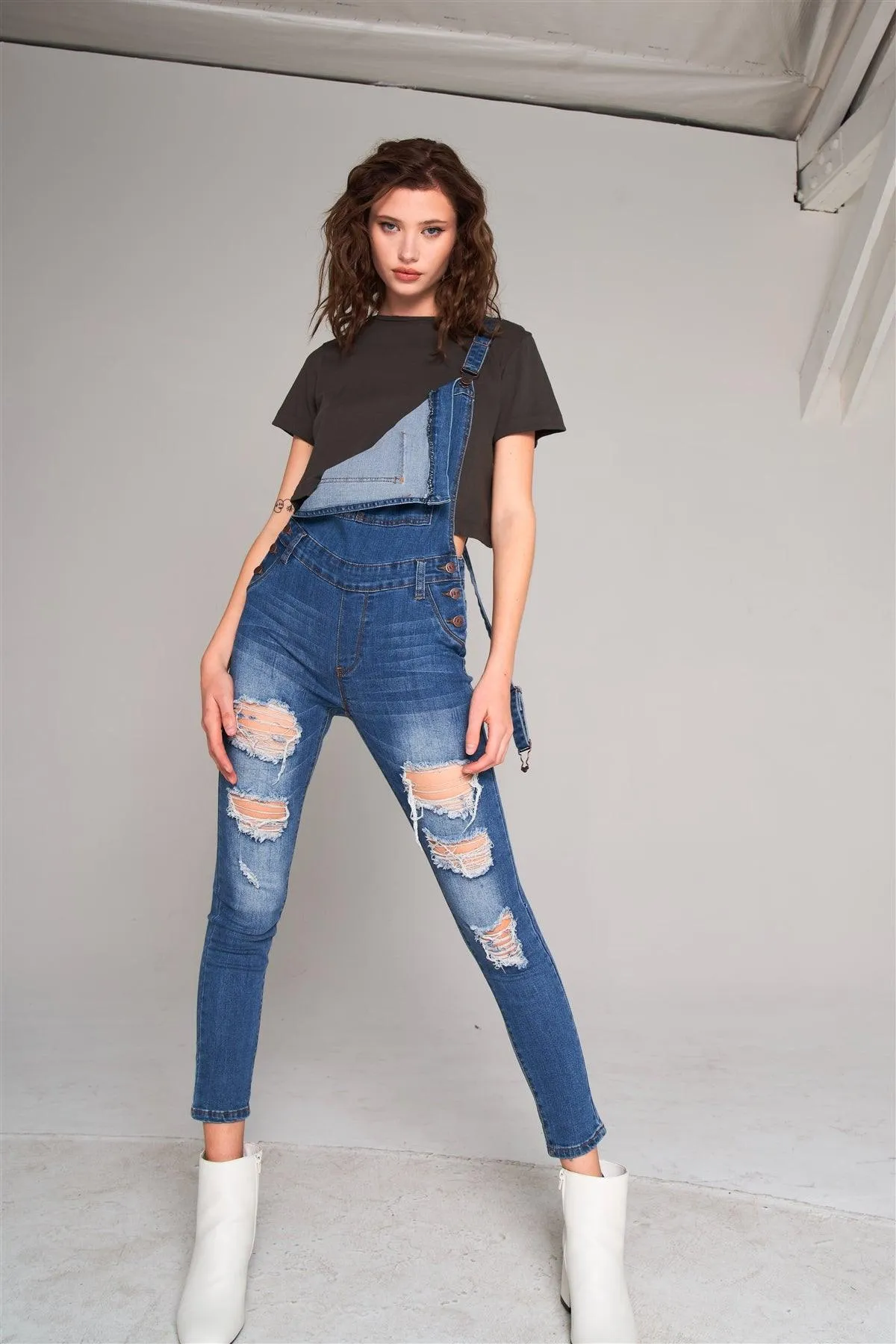 Blue Wash Ripped Front Pocket Skinny Denim Overall