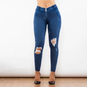 Blue Washed Mid-Waist Ripped Lifting Jeggings – Sculpting Fit, Trendy Style