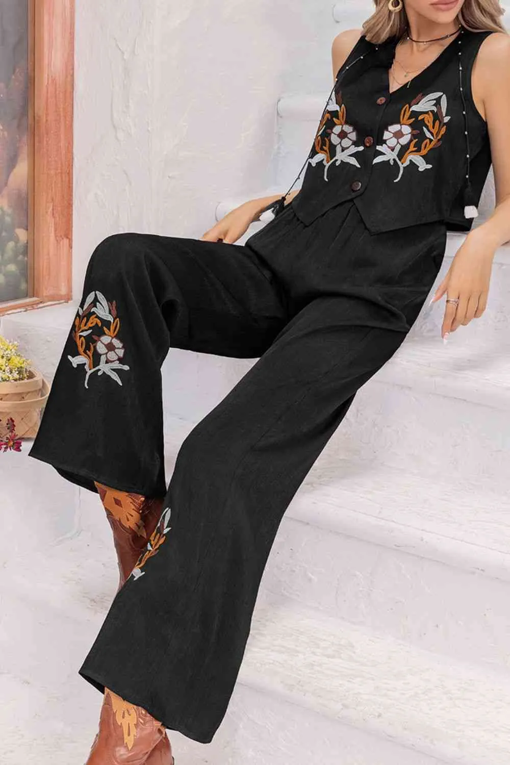 Bohemian V-Neck Tank Top and Long Pants Set in Black