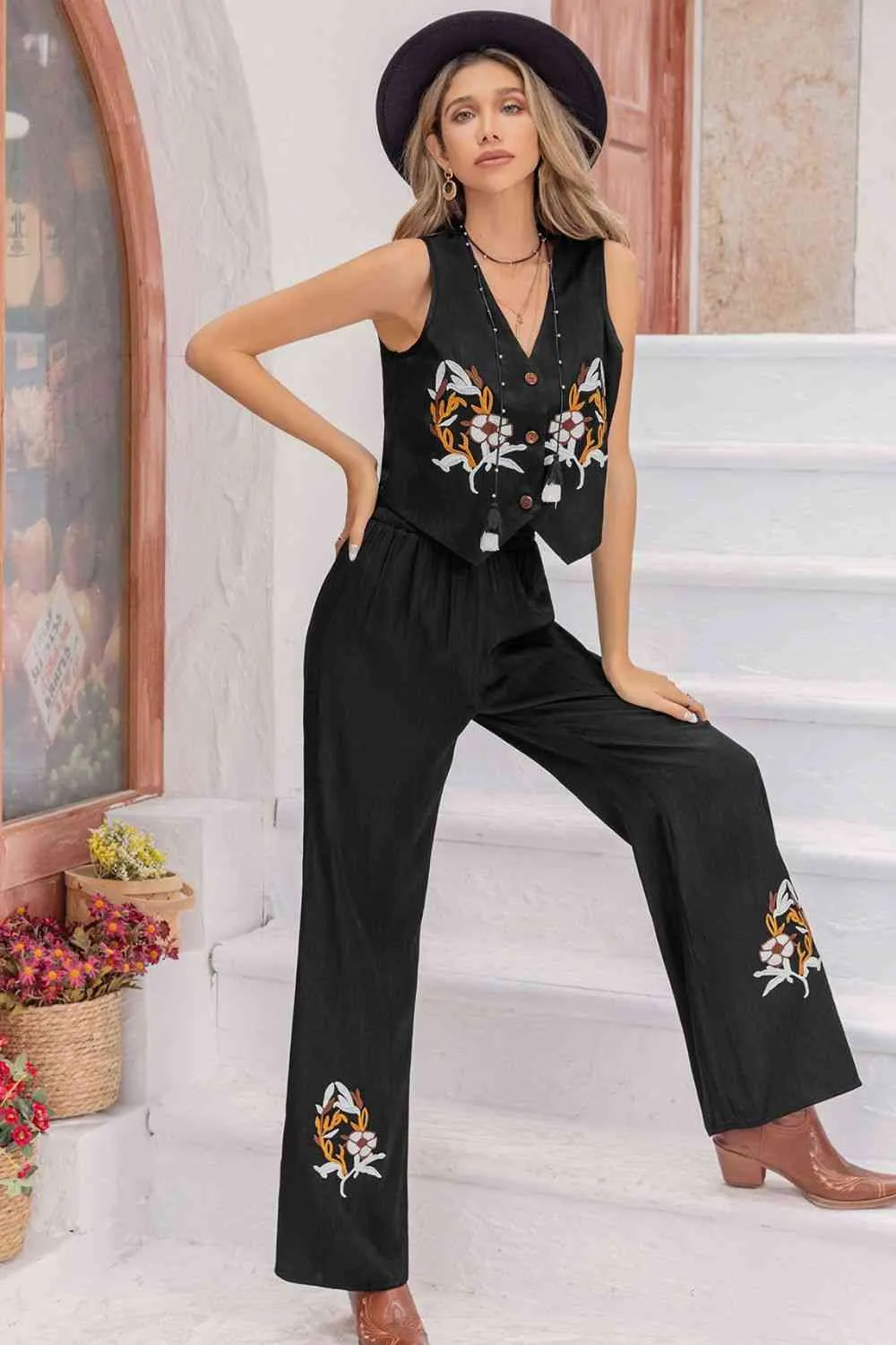 Bohemian V-Neck Tank Top and Long Pants Set in Black