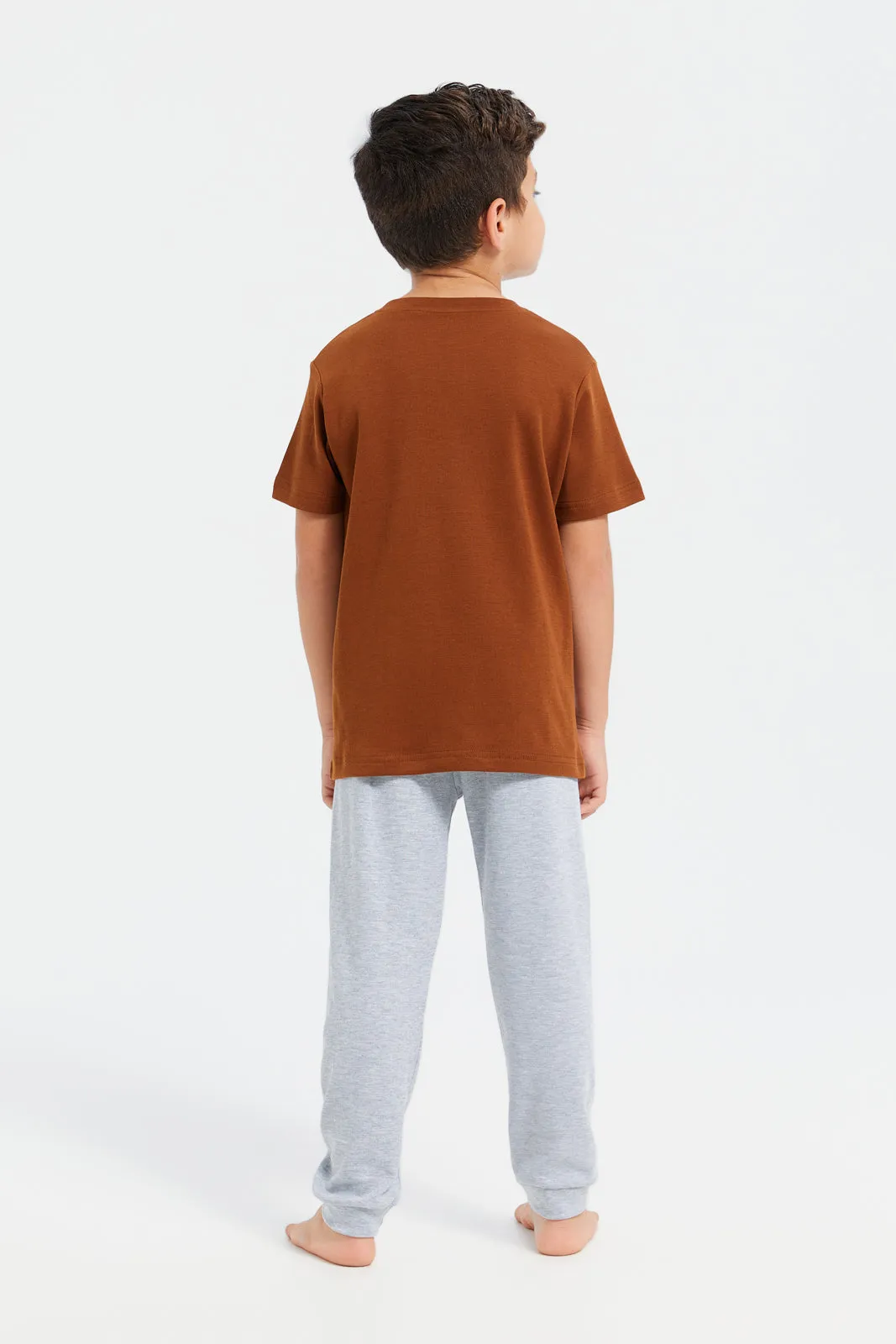 Boys Rust And Grey Printed Pyjama Set (2 Piece)