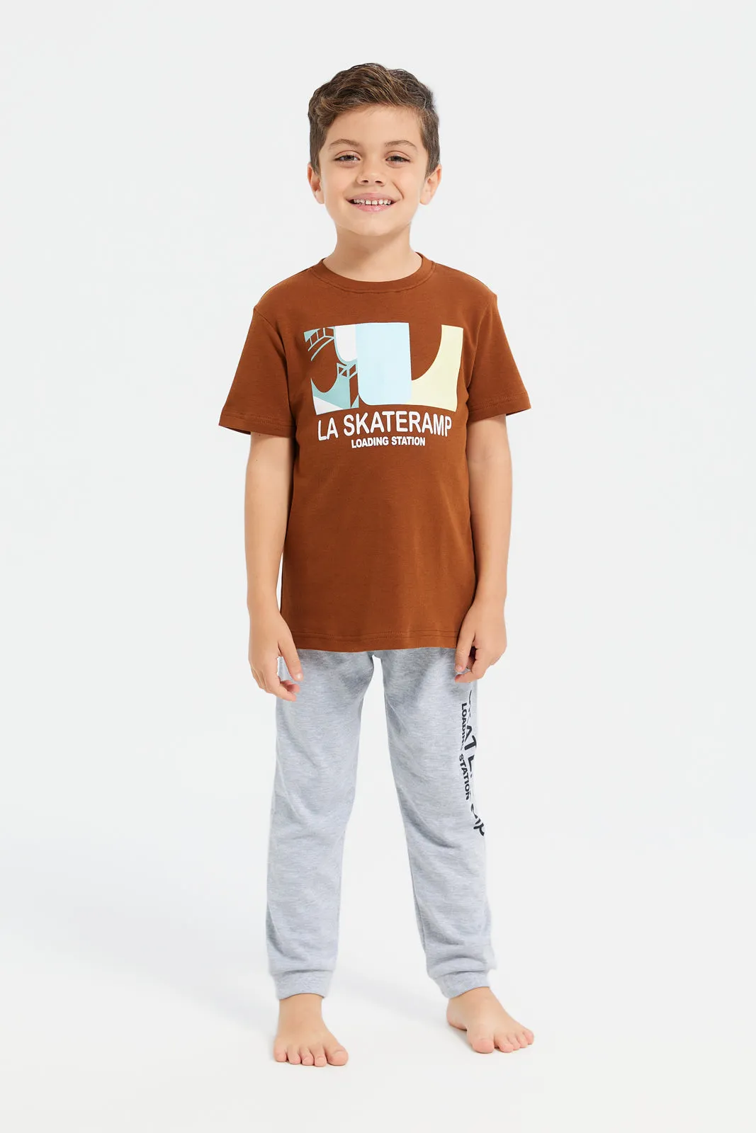 Boys Rust And Grey Printed Pyjama Set (2 Piece)