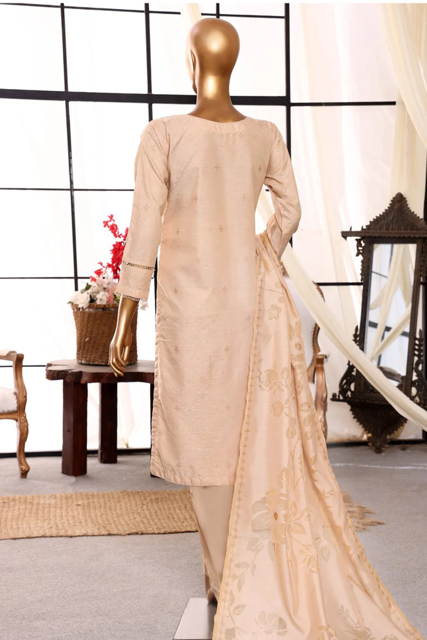 Damask By HZ Stitched 3 Piece Jacquard Lawn Collection'2024-DJL-405-Cream