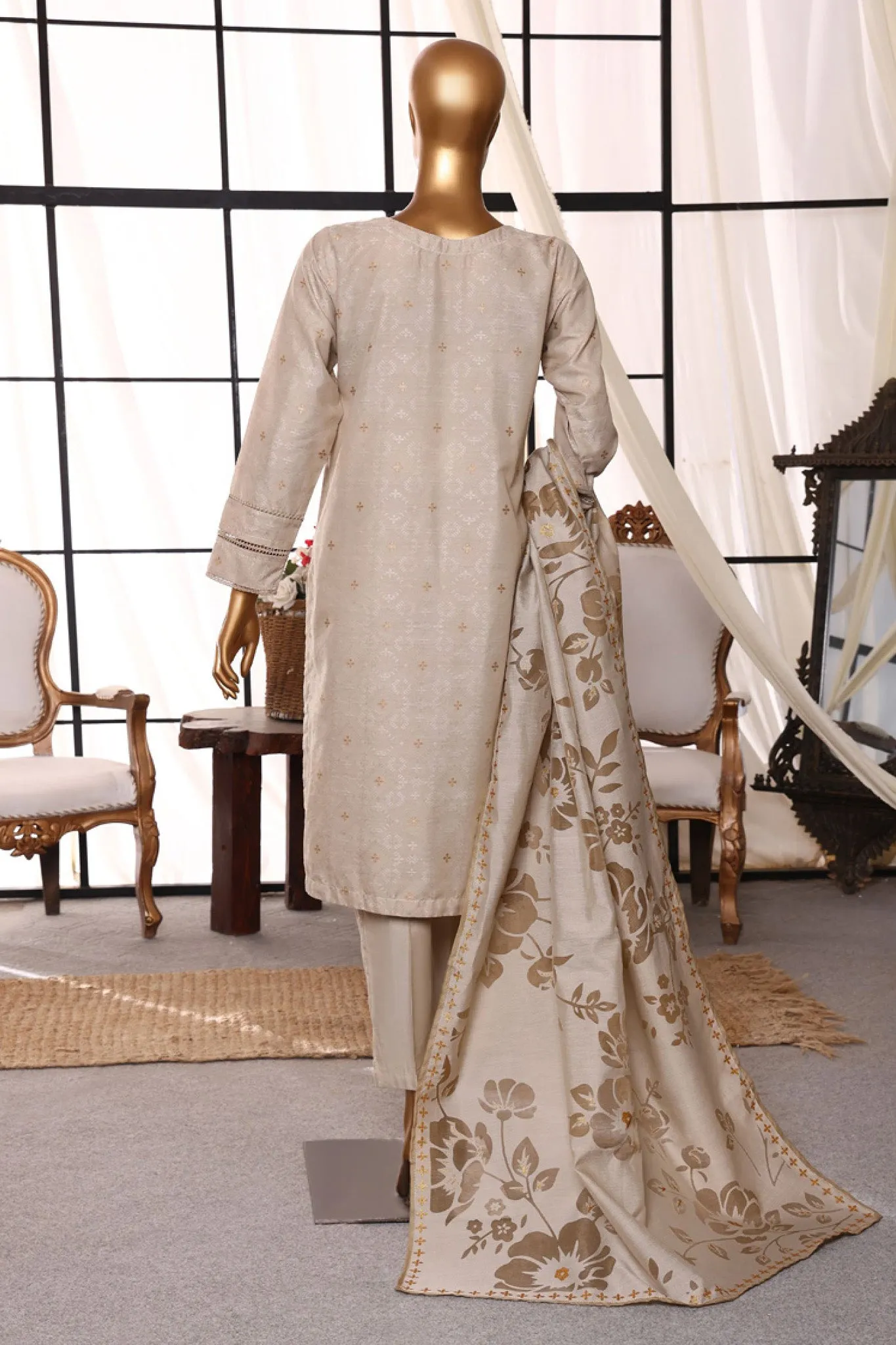 Damask By HZ Stitched 3 Piece Jacquard Lawn Collection'2024-DJL-407-Beige