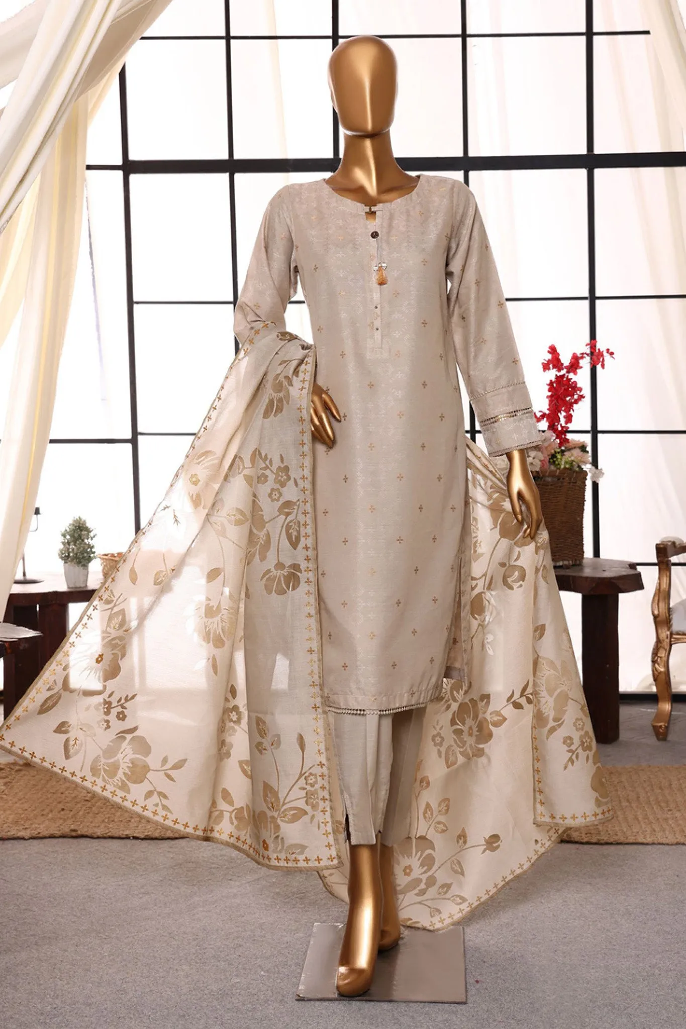 Damask By HZ Stitched 3 Piece Jacquard Lawn Collection'2024-DJL-407-Beige