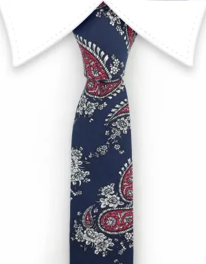 Dark Blue Cotton Skinny Tie with Red Paisleys & White Flowers