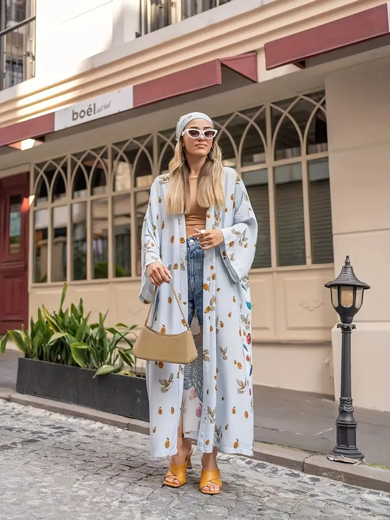 Exotic Bohemian Ivory & Green Print Kimono