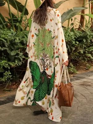 Exotic Bohemian Ivory & Green Print Kimono