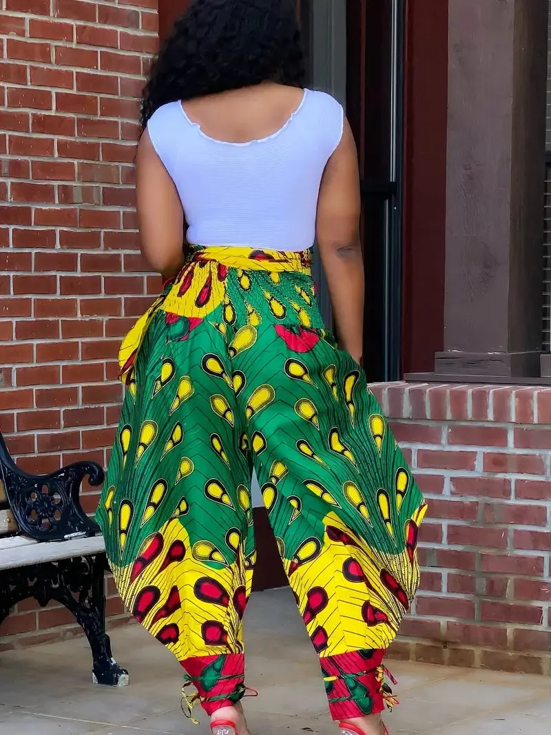 Exotic Green Multicolor African Print Harem Pants