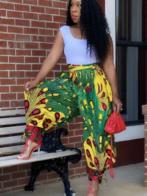 Exotic Green Multicolor African Print Harem Pants