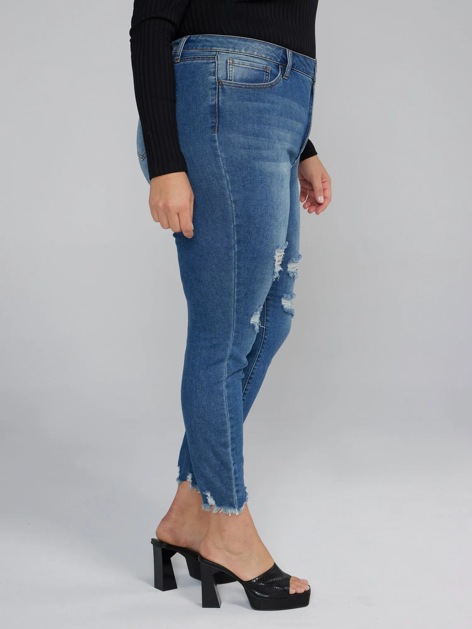 Fashion To Figure - Chewed Hem Destructed Skinny Fit Jeans - Tall Inseam