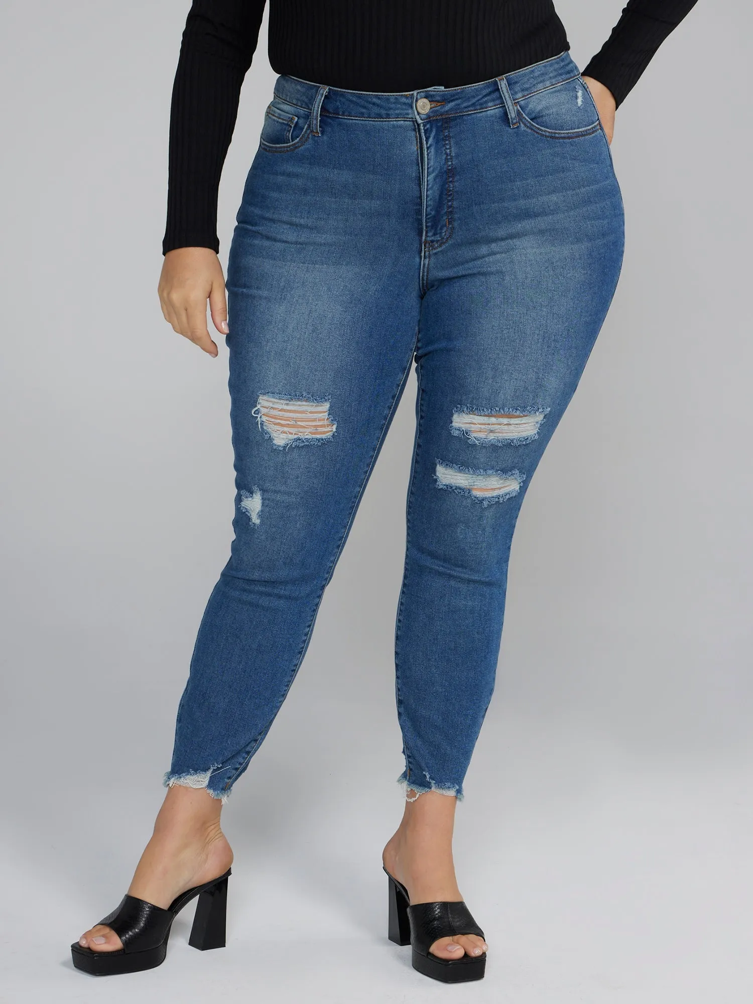 Fashion To Figure - Chewed Hem Destructed Skinny Fit Jeans