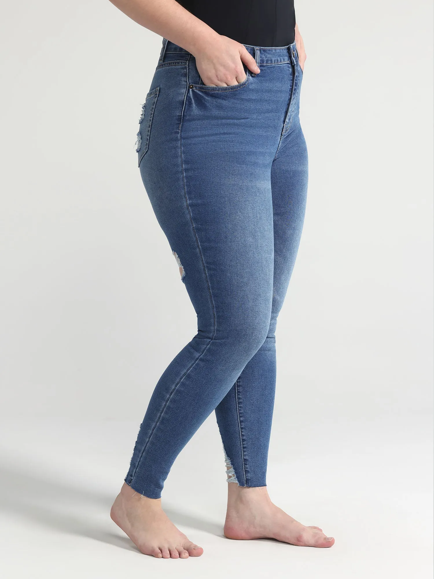 Fashion To Figure - Mid Rise Blue Wash Destructed Skinny Jeans