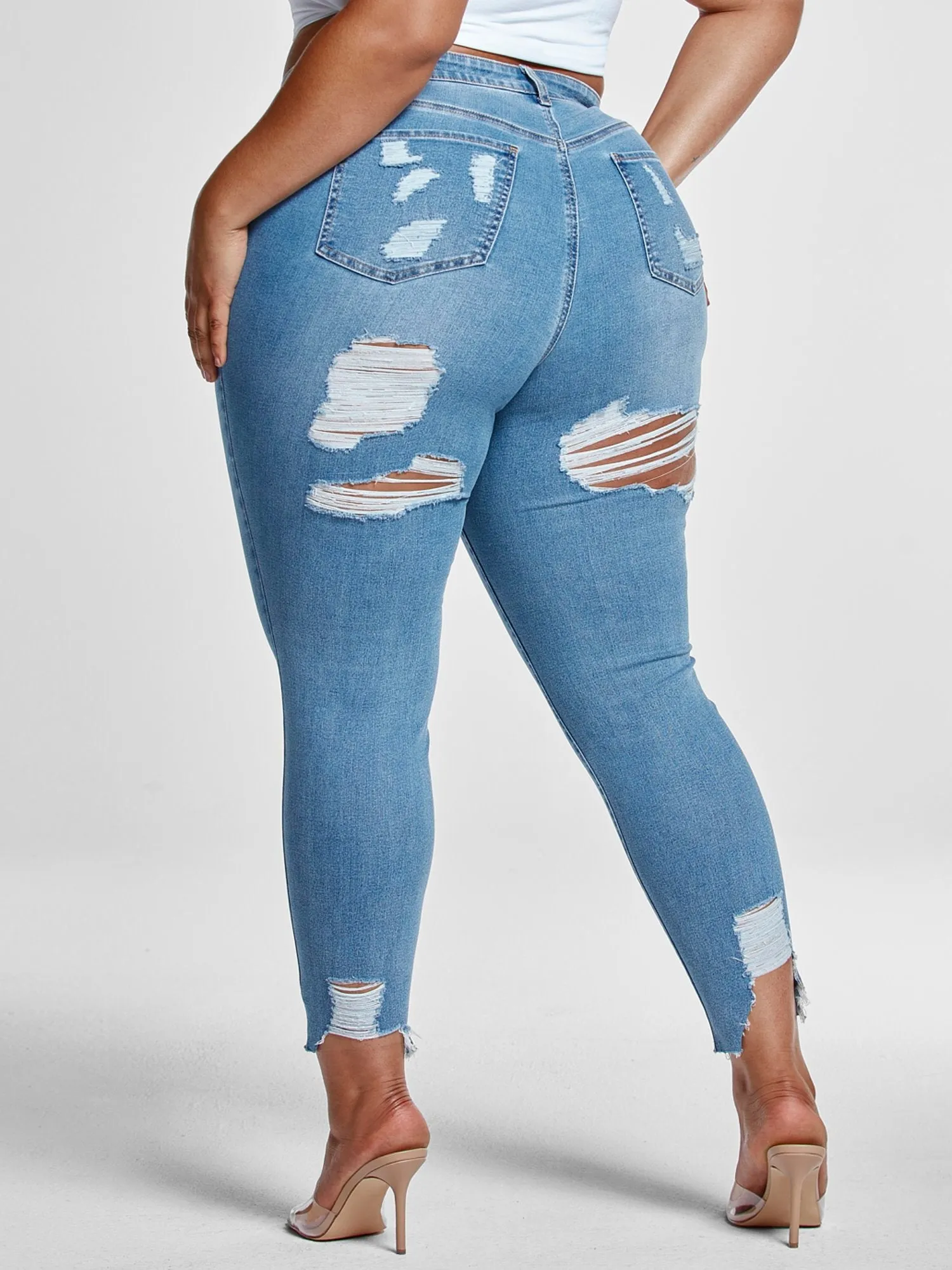 Fashion To Figure - Mid Rise Blue Wash Destructed Skinny Jeans