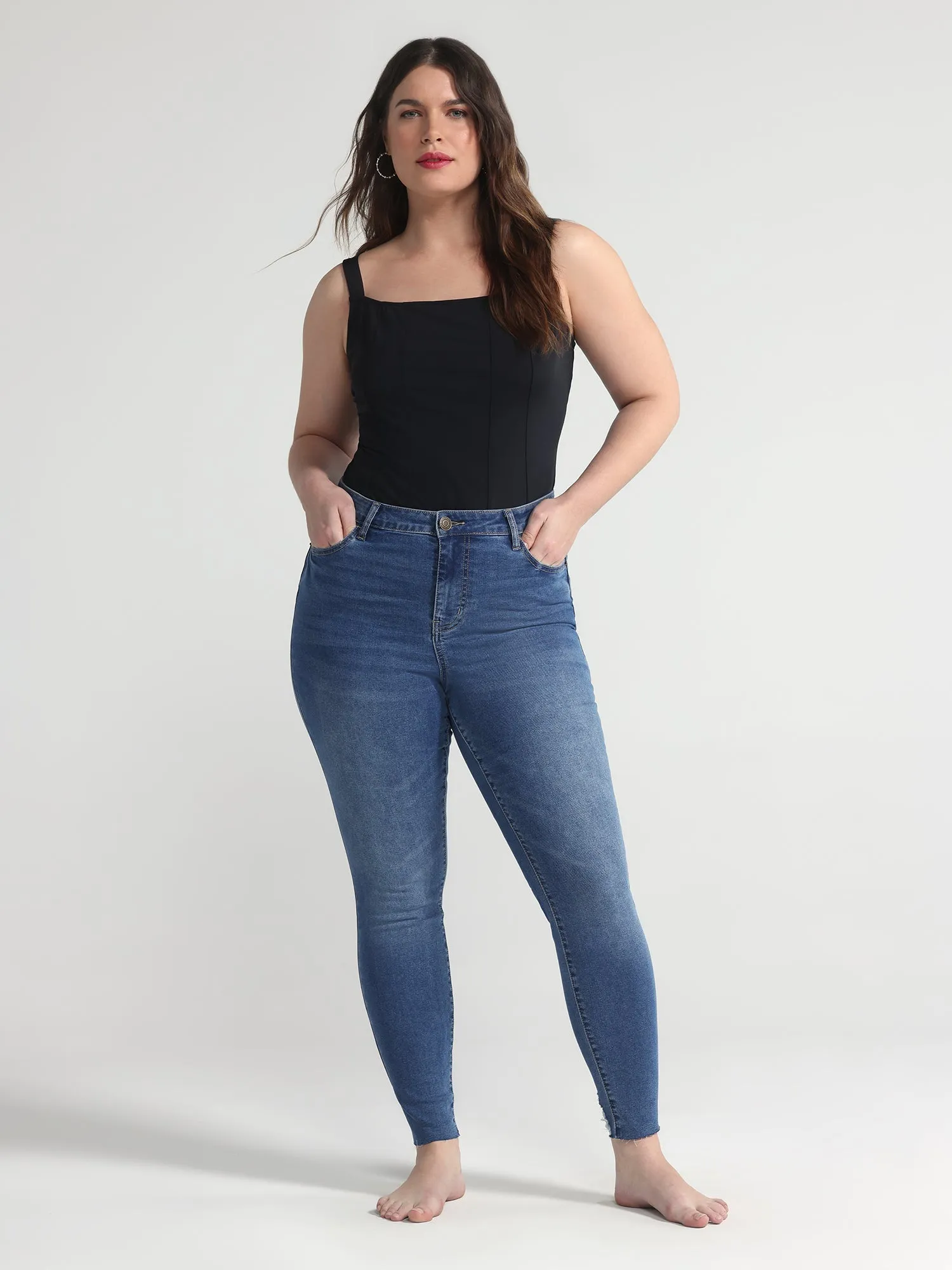 Fashion To Figure - Mid Rise Blue Wash Destructed Skinny Jeans