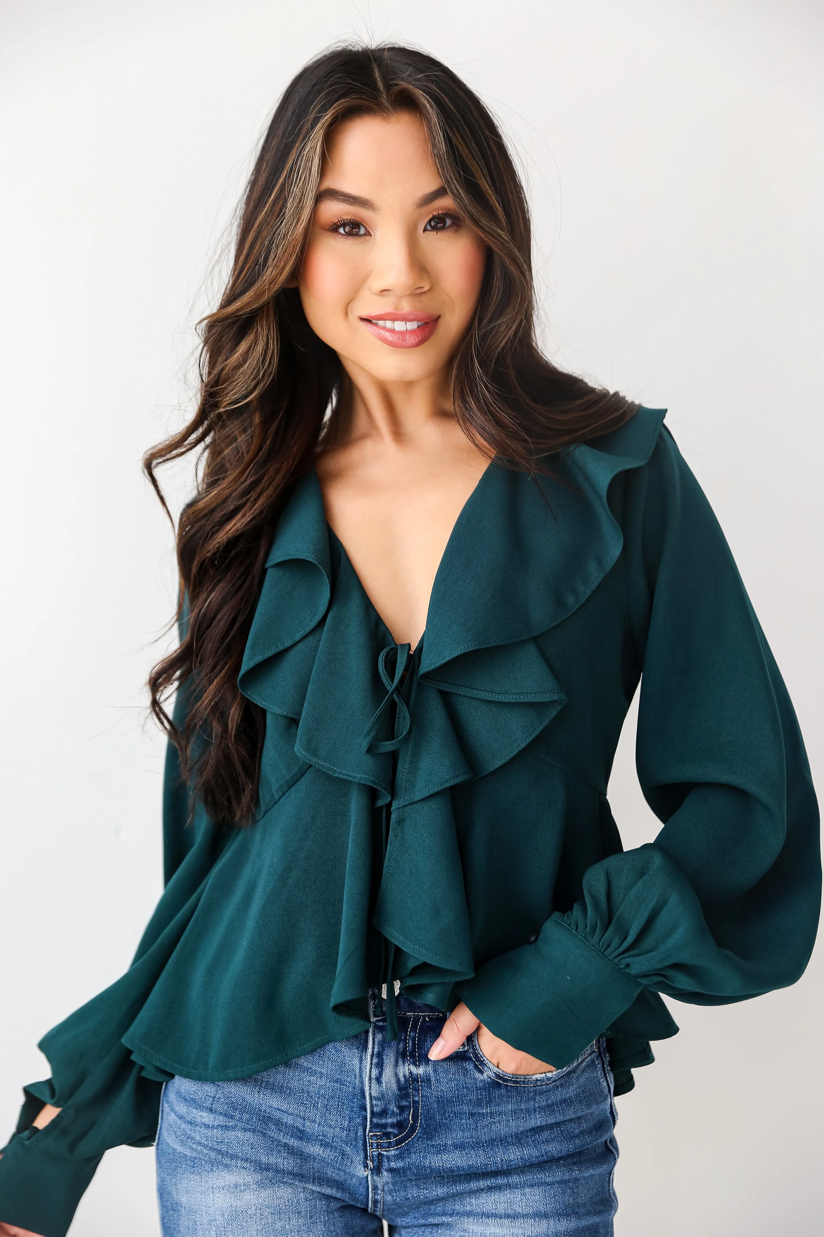 FINAL SALE - Flirty Influence Hunter Green Ruffle Blouse