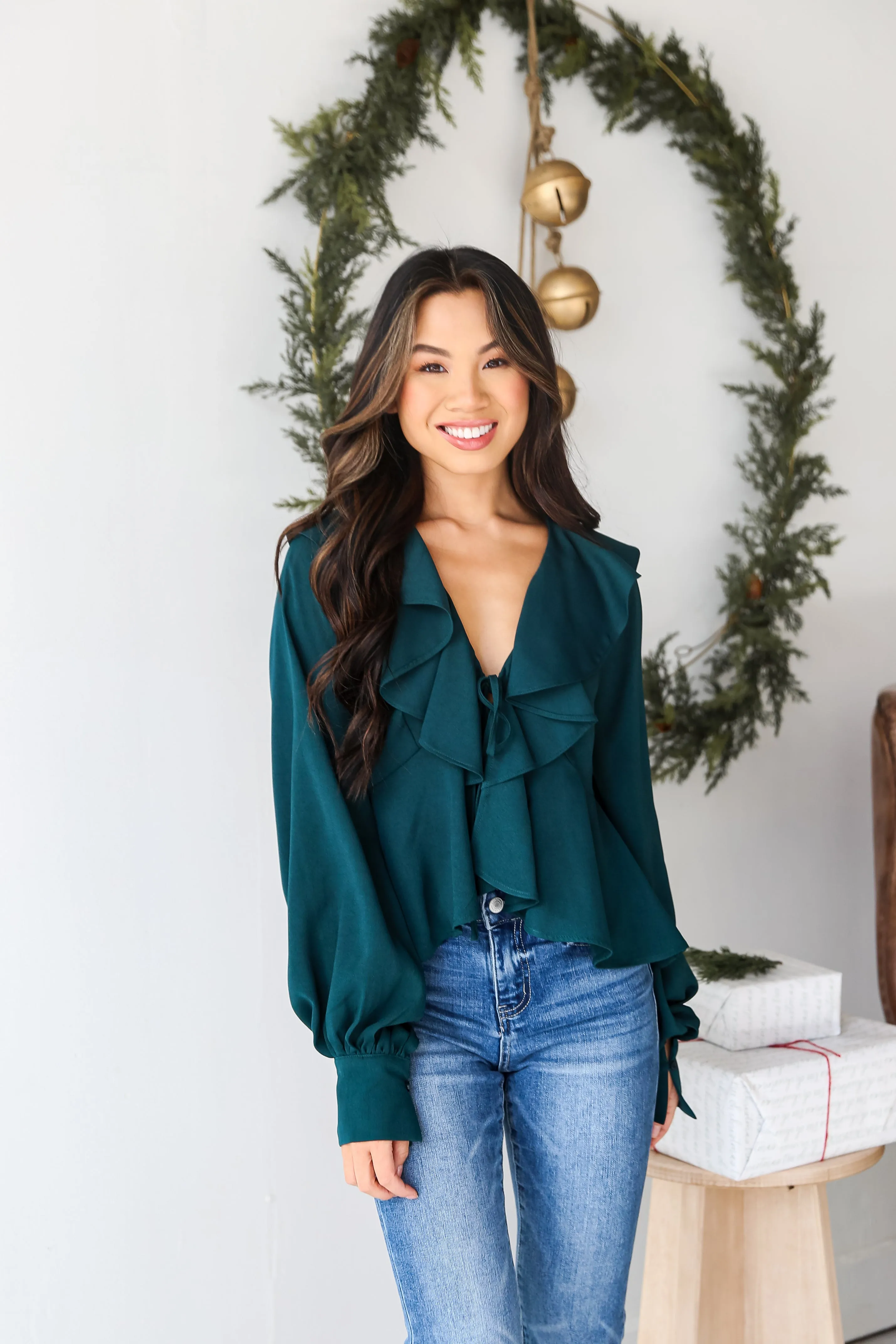 FINAL SALE - Flirty Influence Hunter Green Ruffle Blouse