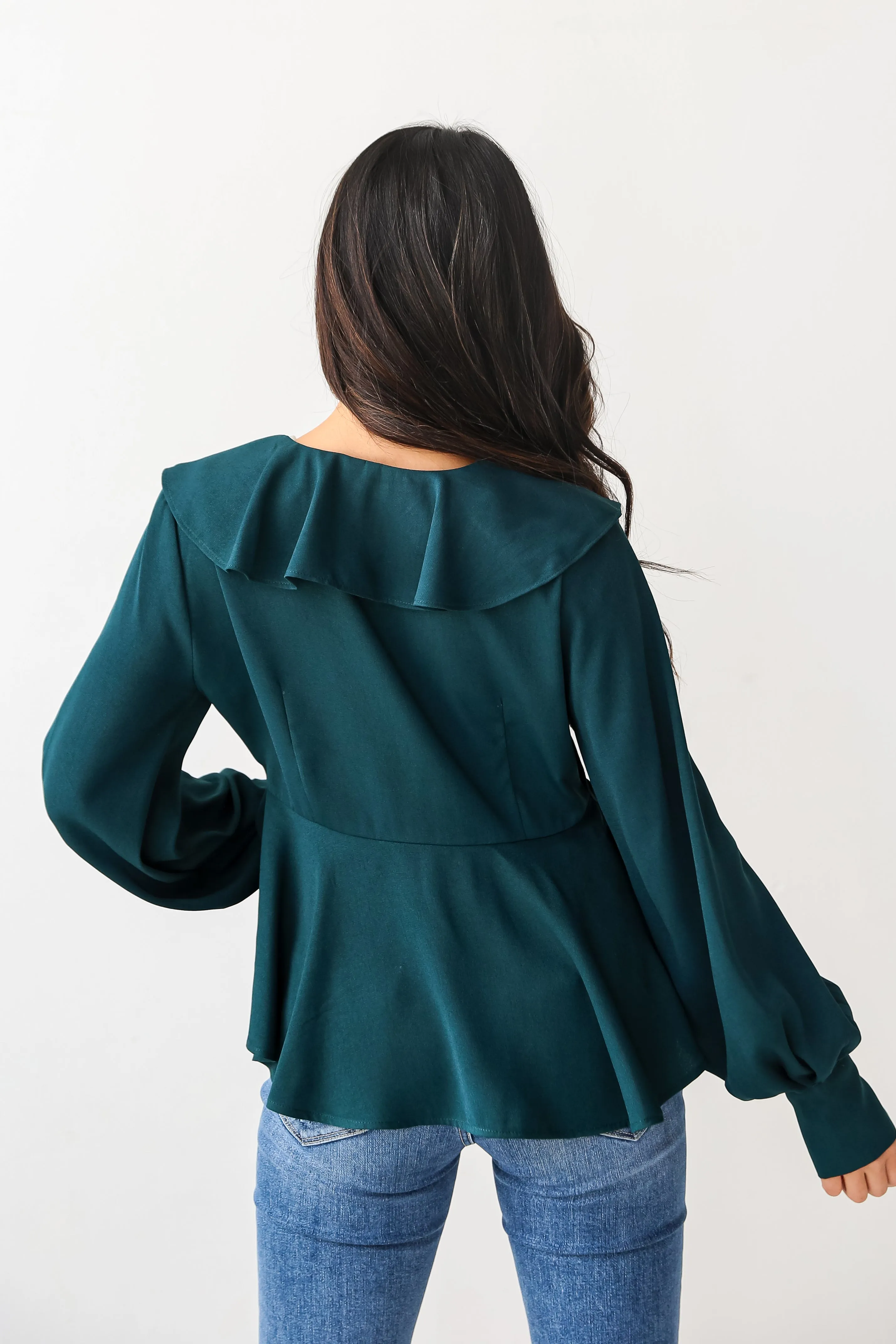 FINAL SALE - Flirty Influence Hunter Green Ruffle Blouse