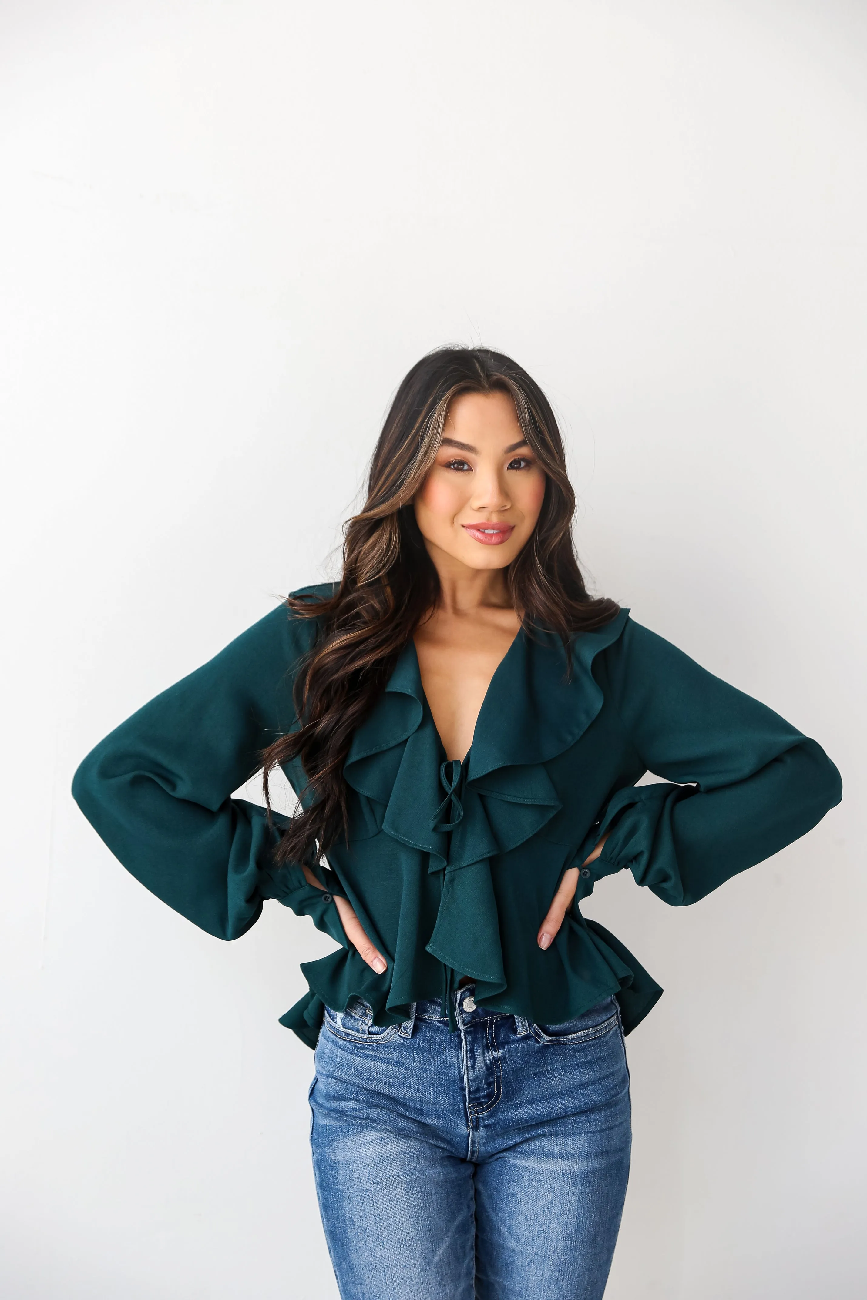 FINAL SALE - Flirty Influence Hunter Green Ruffle Blouse