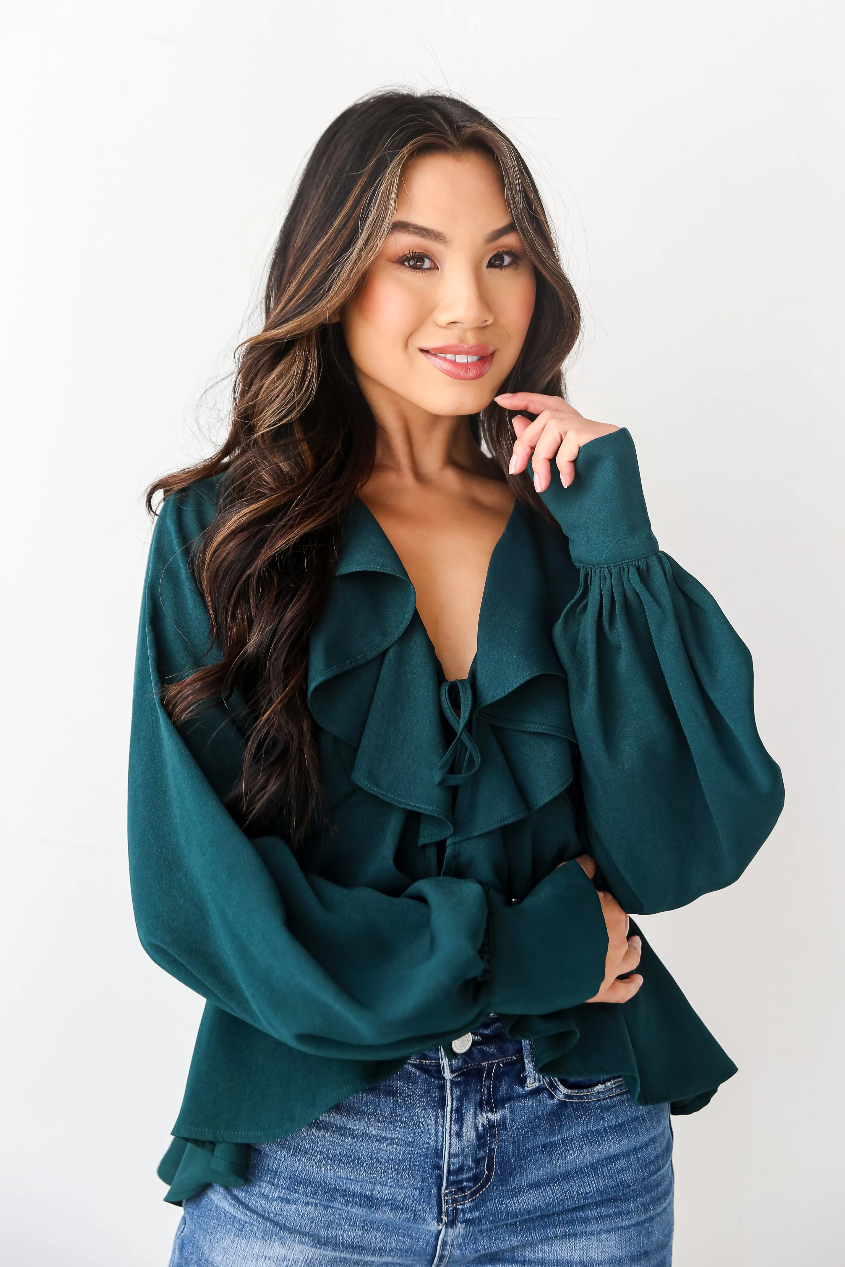 FINAL SALE - Flirty Influence Hunter Green Ruffle Blouse