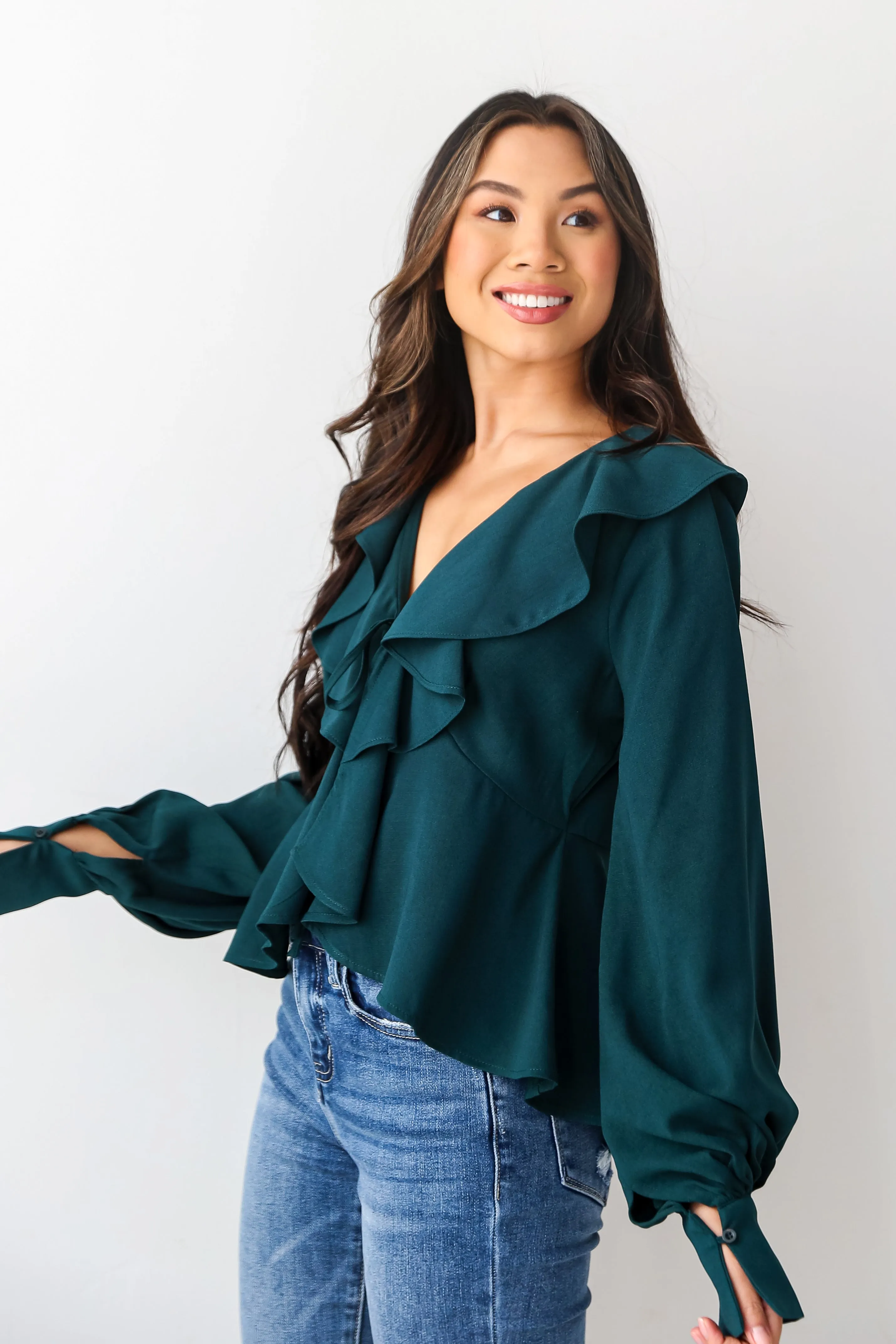 FINAL SALE - Flirty Influence Hunter Green Ruffle Blouse