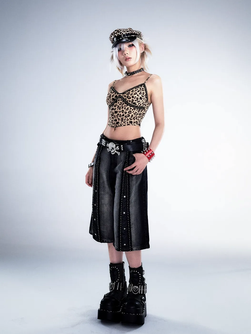 Frustration Garden Gothic Punk Denim Culottes - Black Faded Wide-Leg Capris with Studded Details