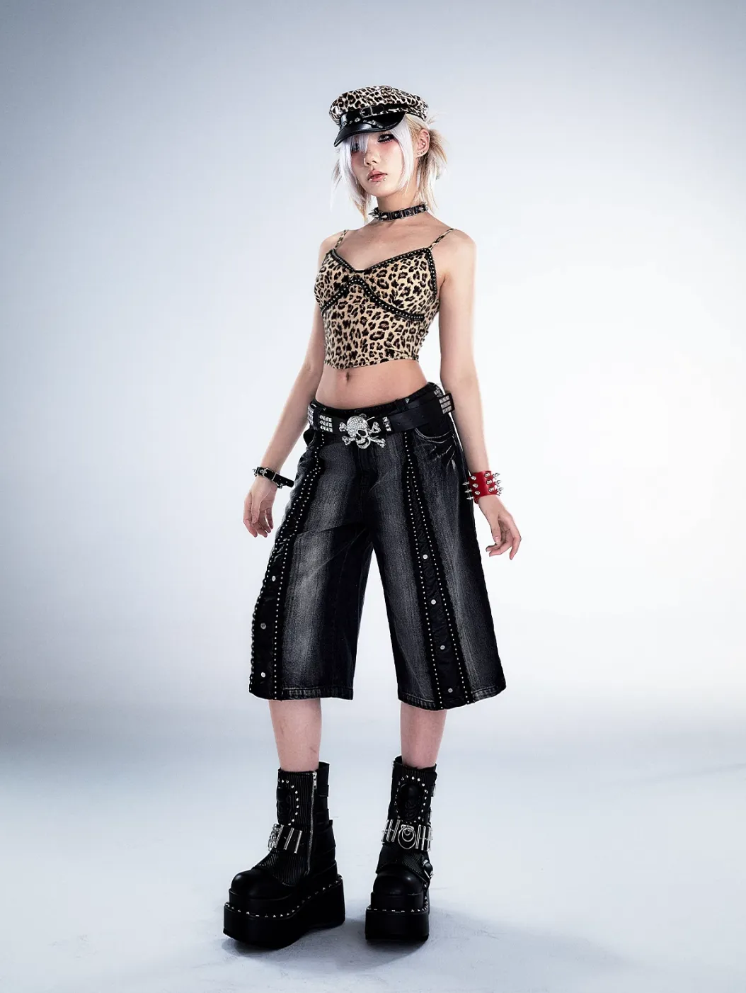 Frustration Garden Gothic Punk Denim Culottes - Black Faded Wide-Leg Capris with Studded Details