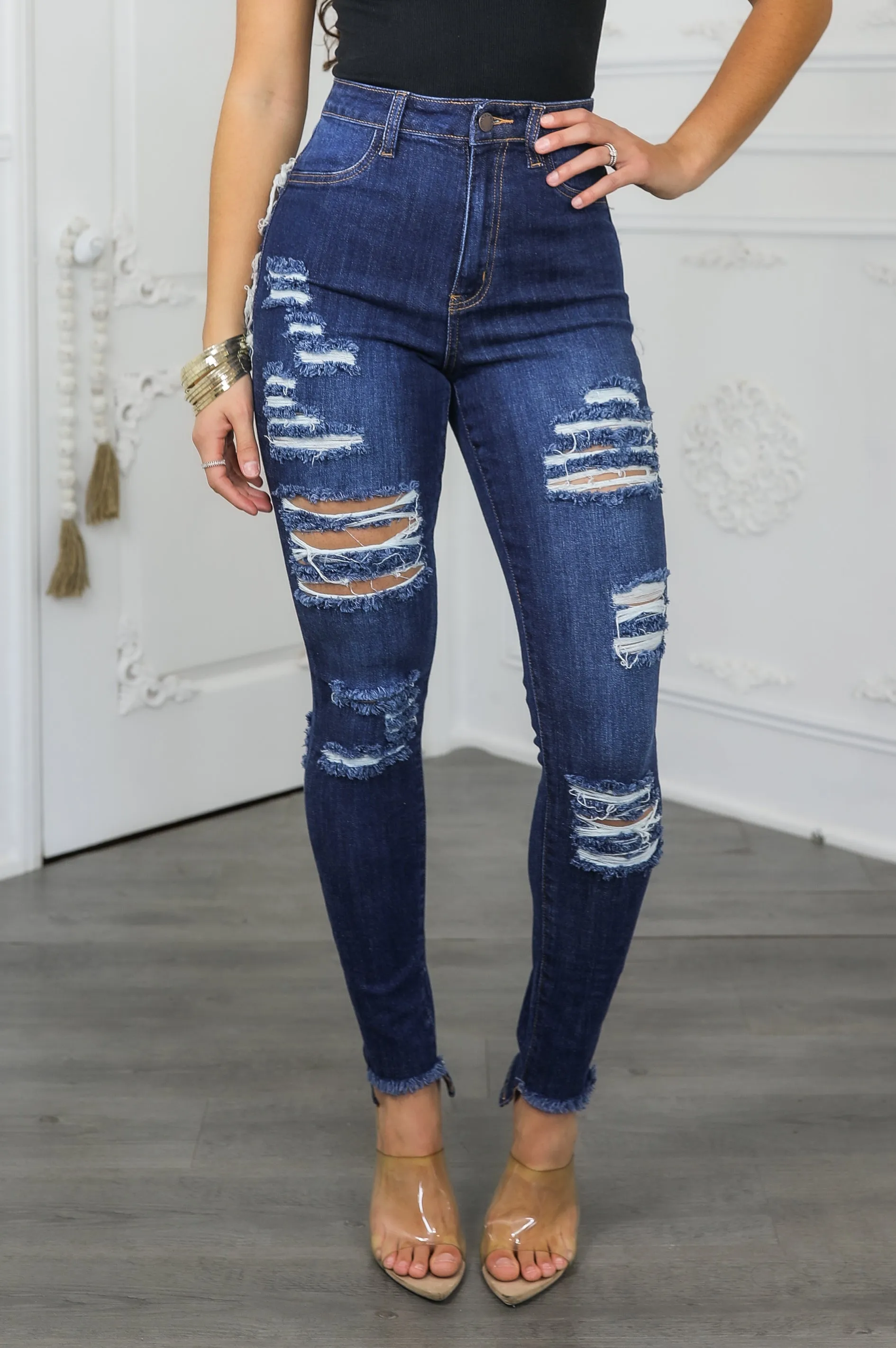 High Rise Distressed Skinny Jeans