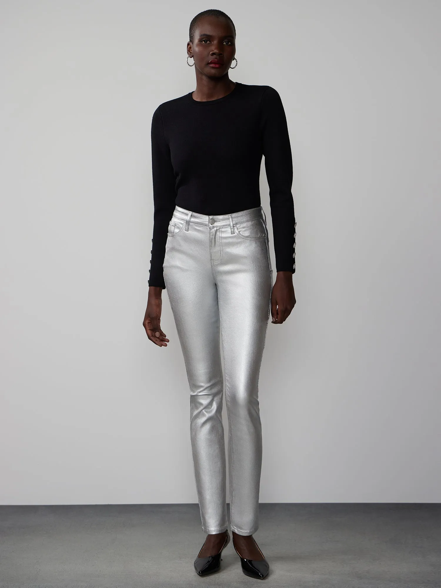 High Rise Metallic Coated Skinny Jeans