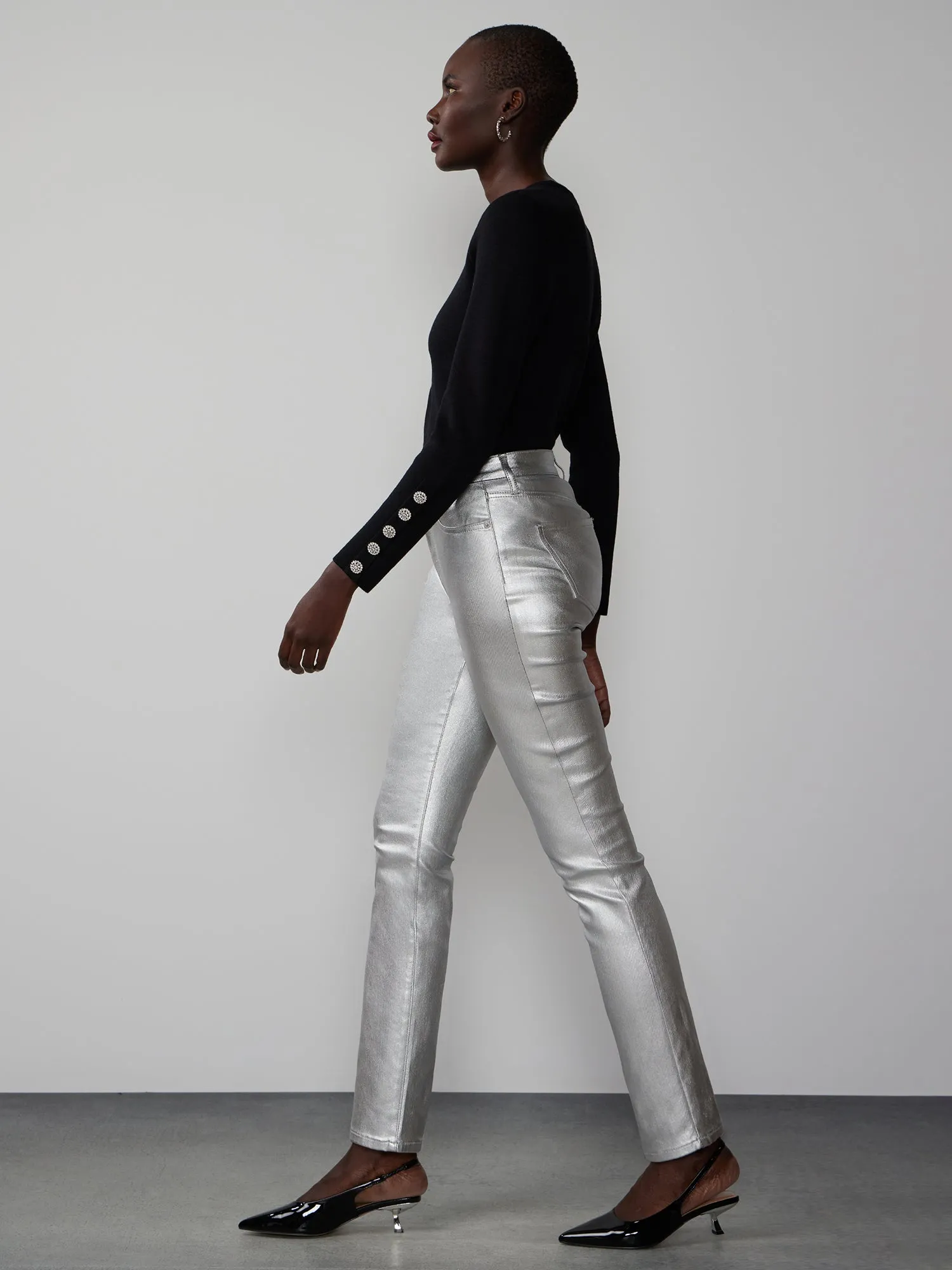 High Rise Metallic Coated Skinny Jeans