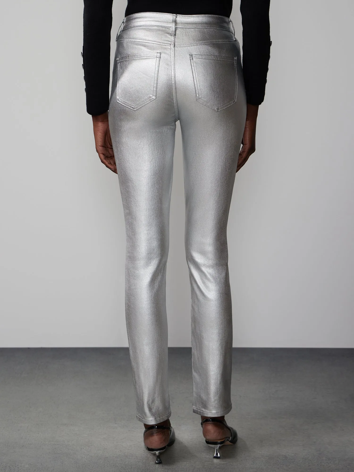 High Rise Metallic Coated Skinny Jeans