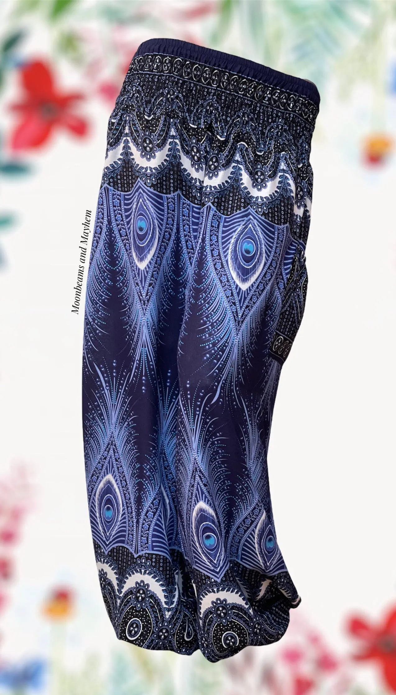 INDIGO PEACOCK FEATHER HAREM TROUSERS - SIZE 8-16 (FR74)