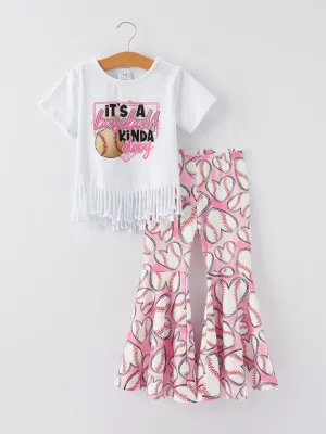 ‘’it's a baseball kinda day" Print Girls Outfits Set