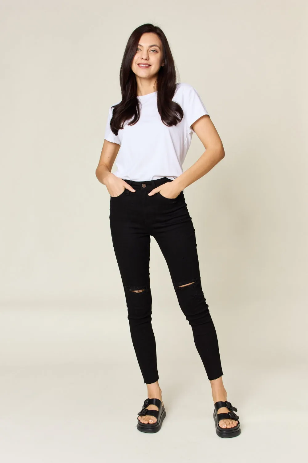 Judy Blue High Waist Distressed Tummy Control Skinny Jeans Black