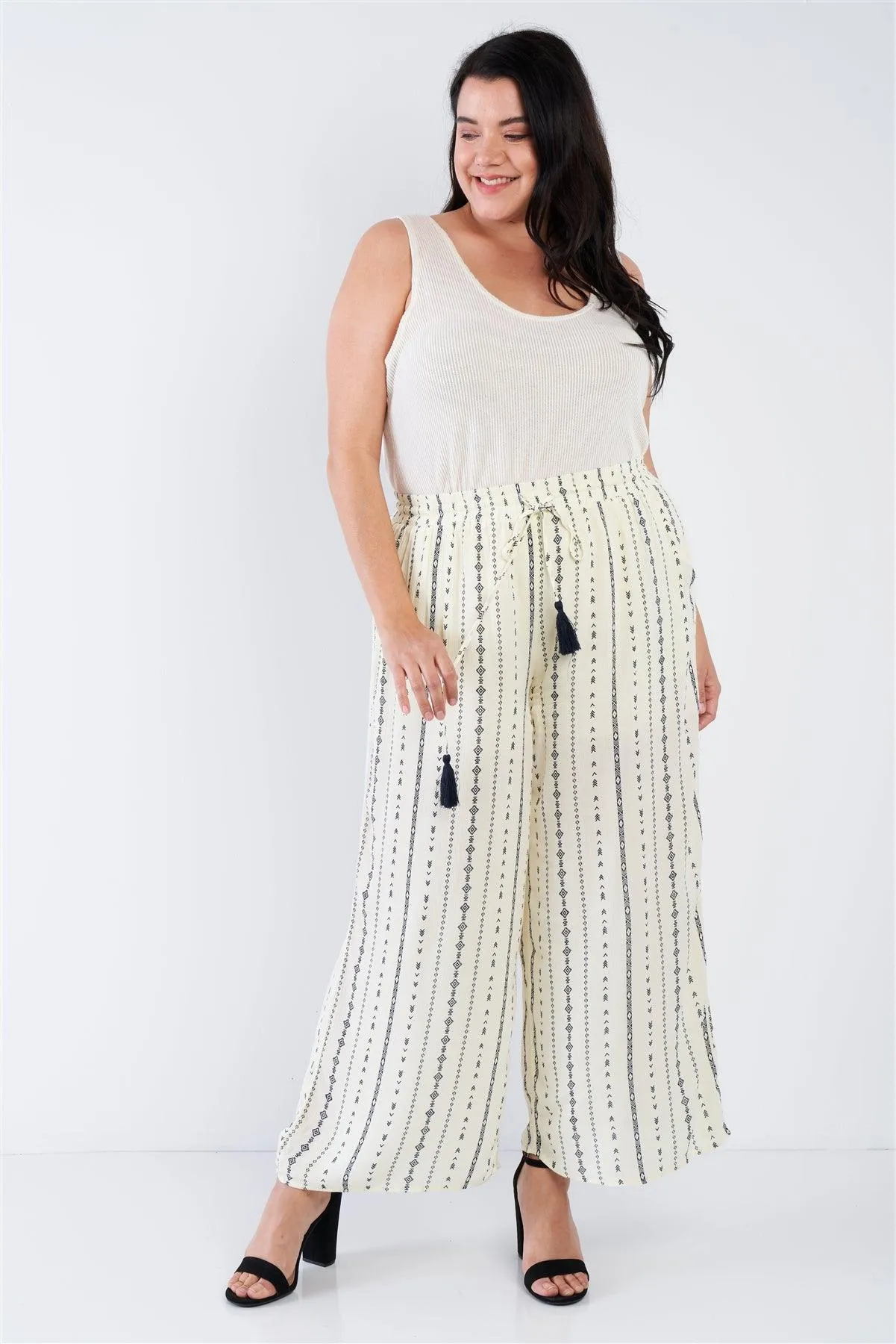 Junior Plus Size Ivory Navy Blue Bohemian Print Self Tie Tassel Pant /2-2-1