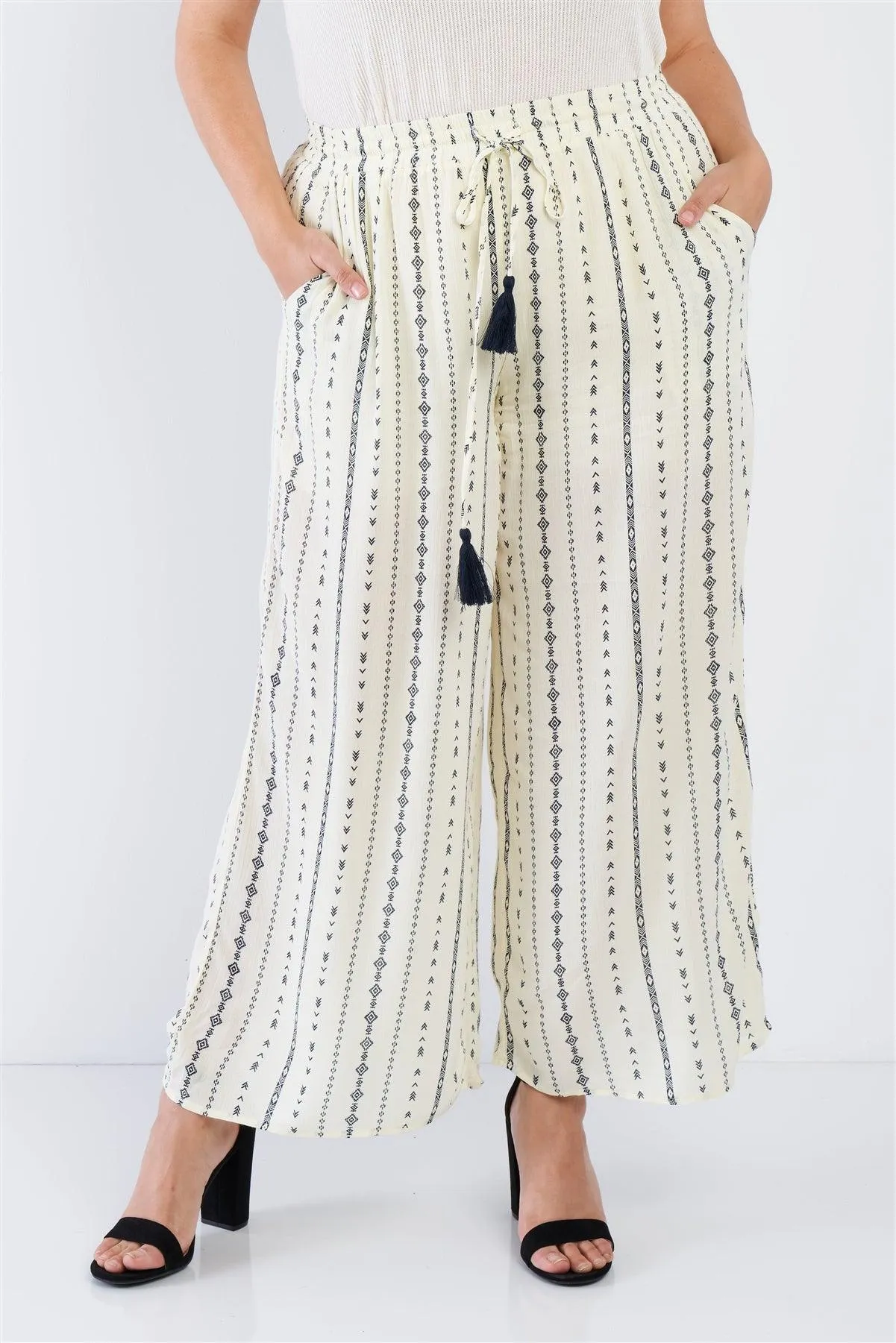 Junior Plus Size Ivory Navy Blue Bohemian Print Self Tie Tassel Pant /2-2-1