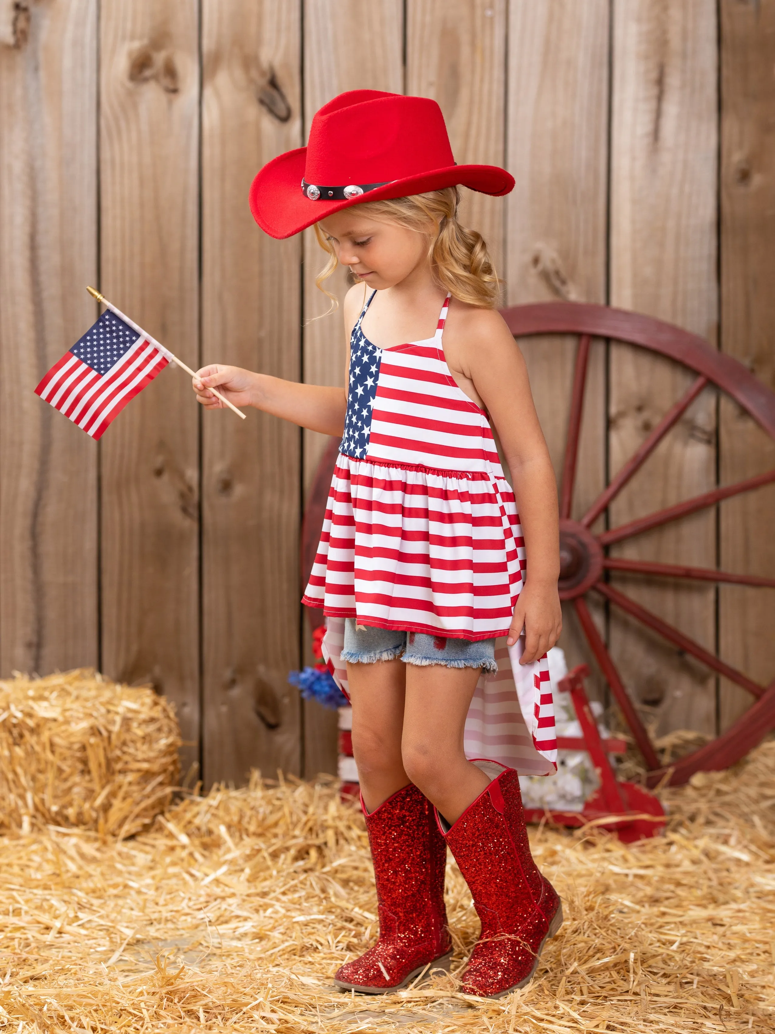 Land That I Love Flag Hi Lo Top and Denim Shorts Set