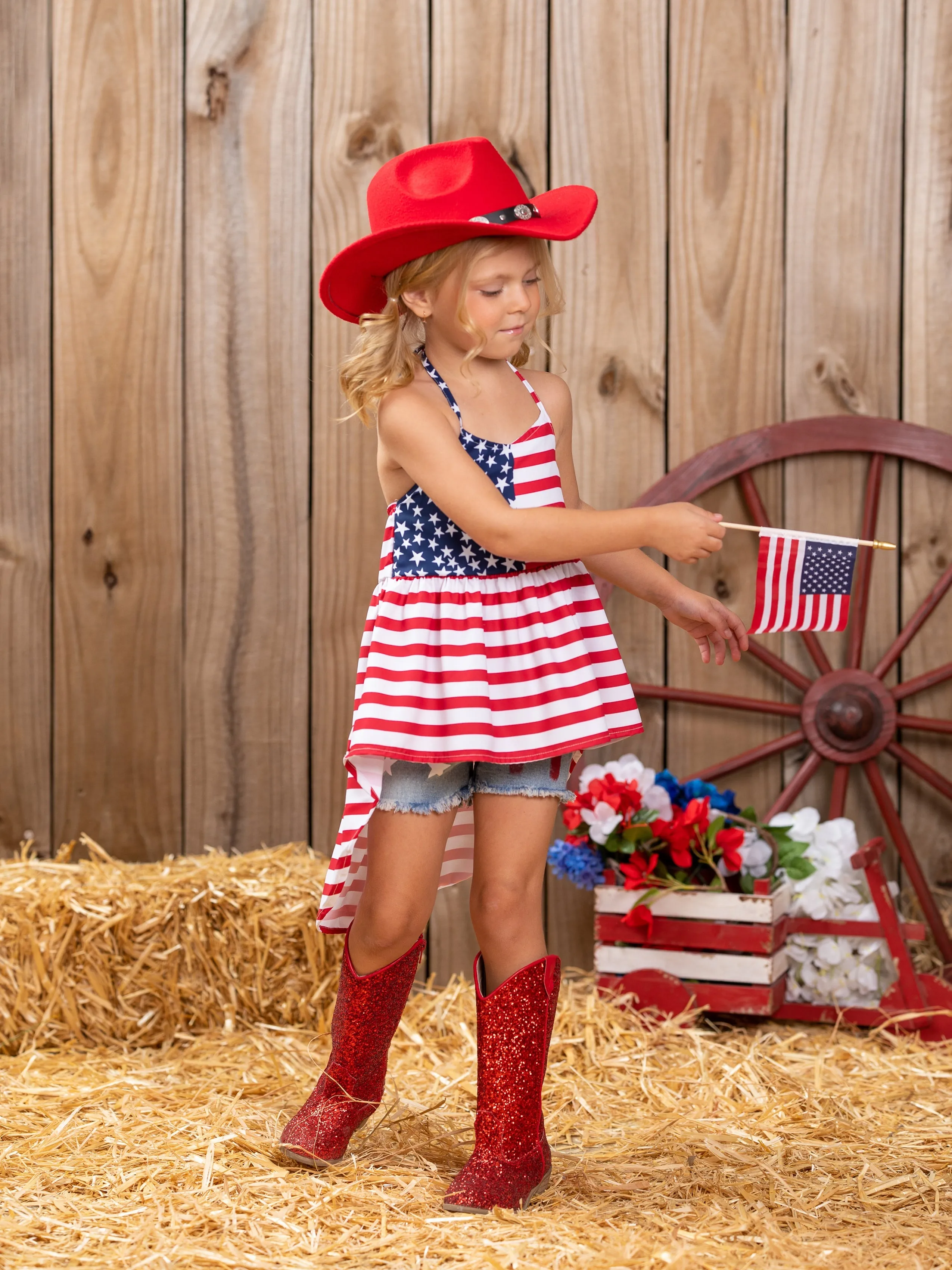 Land That I Love Flag Hi Lo Top and Denim Shorts Set