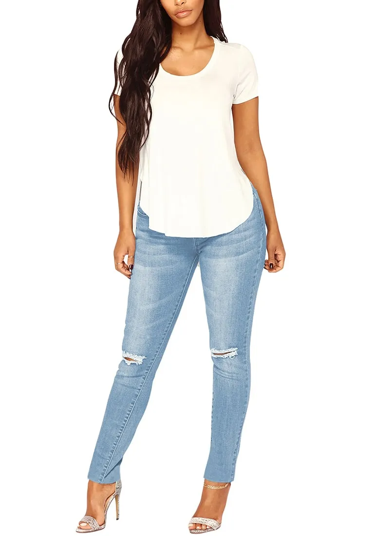 Light Blue Drawstring-Waist Washout Ripped Skinny Jeans