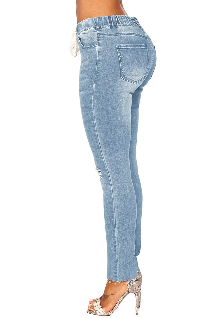 Light Blue Drawstring-Waist Washout Ripped Skinny Jeans