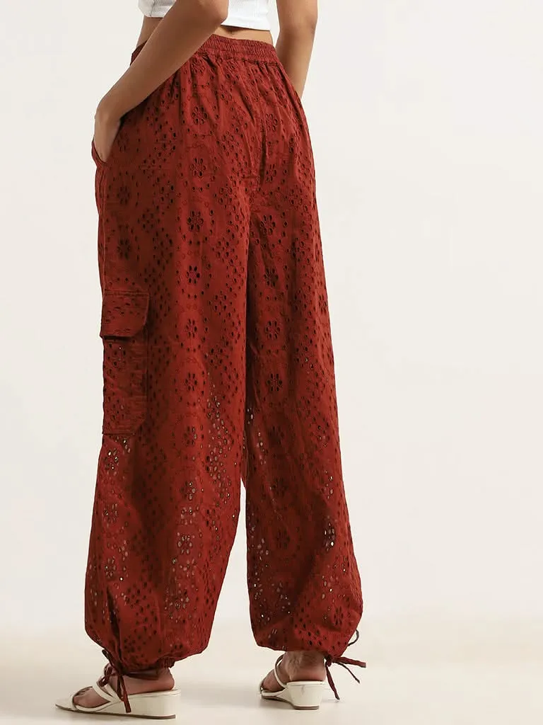 LOV Brown Cotton Schiffli Bohemian Pants