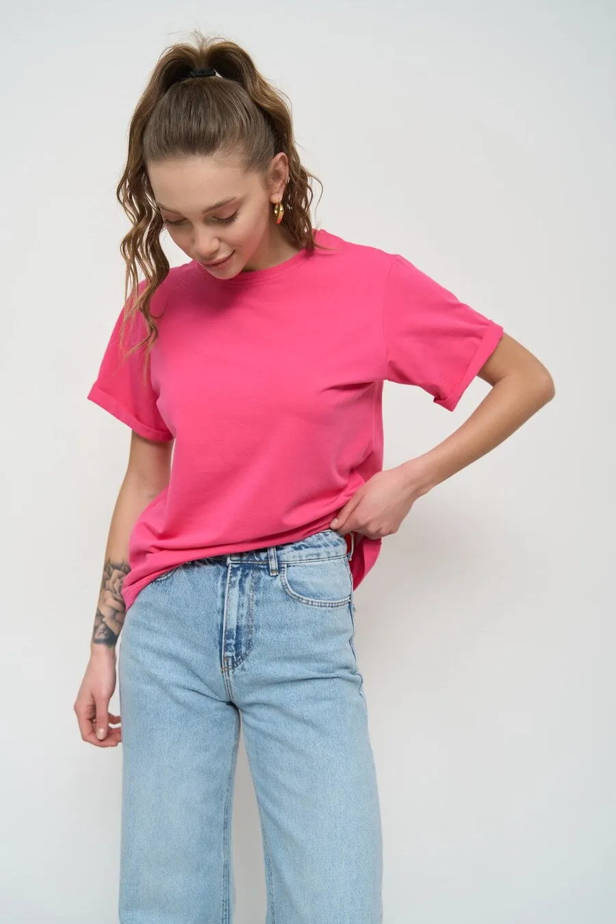 Magenta Pink Oversized Roll Up Sleeve T-Shirt