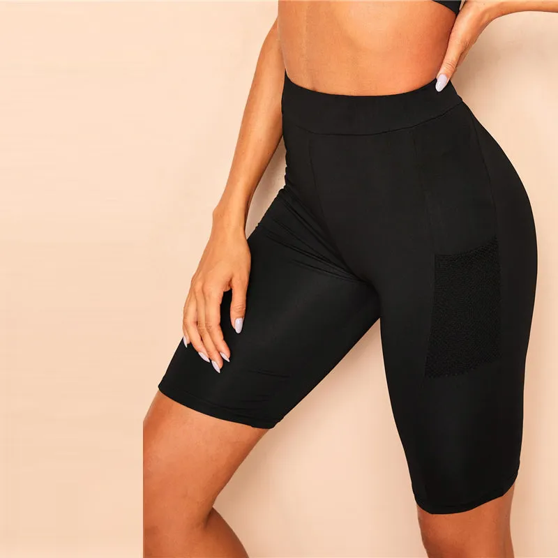 Mesh Pocket Patched Solid Skinny Cycling Shorts Active Wear Women Biker Summer Casual Black