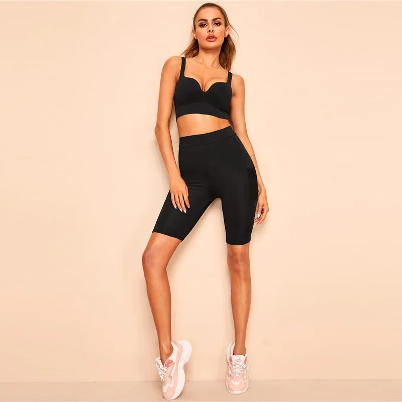 Mesh Pocket Patched Solid Skinny Cycling Shorts Active Wear Women Biker Summer Casual Black