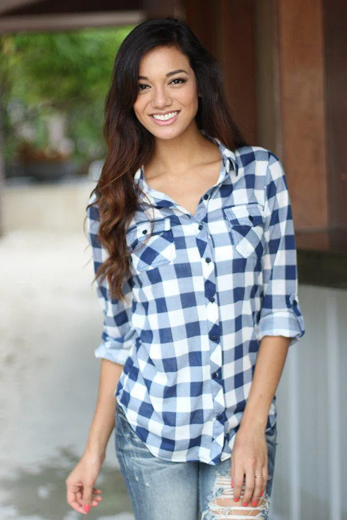 Navy Plaid Long Sleeve Shirt