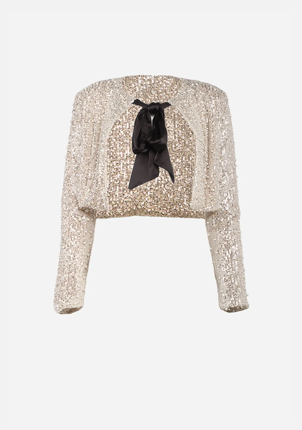 Pearl And Sequins Bow Tied Crop Jacket Champagne