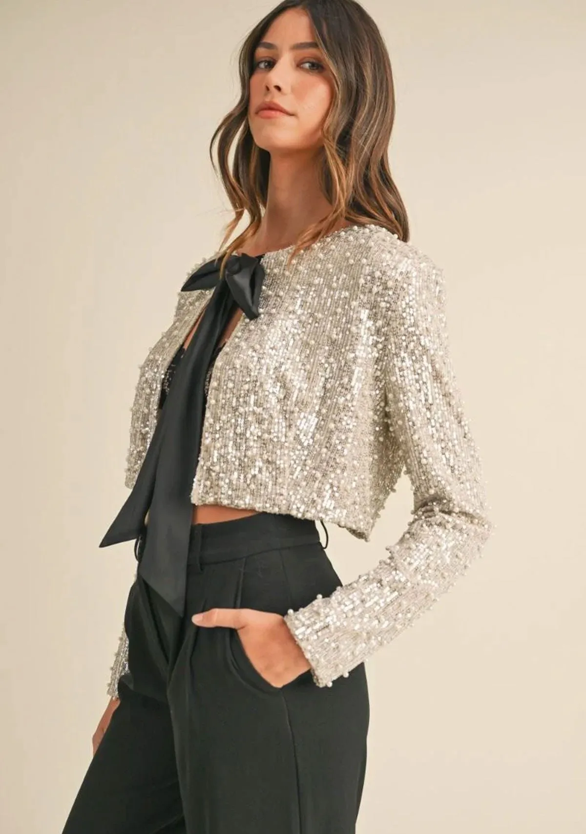 Pearl And Sequins Bow Tied Crop Jacket Champagne