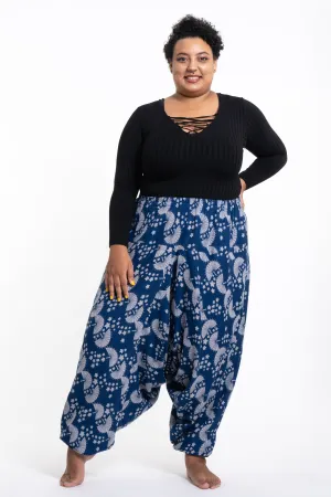 Plus Size Fan Prints Women's Low Cut Cotton Harem Pants in Indigo